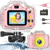 Miiulodi Kids Waterproof Camera - Birthday Gifts For 3 4 5 6 7 8 9 10 Year Old Girls 2 Inch Ips Screen Underwater Action Camera With 32 Gb Sd Card, Pool Toys For Kids Age 8-12 Pink