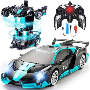 Transform Rc Car Robot, 2.4Ghz 1:18 Rechargeable Remote Control Police Car Robot Toys With Light & One Button Transformation & 360�Rotation Stunt Race Car Toys For Kids Boys Girls Xmas Birthday Gift