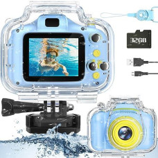 Miiulodi Kids Waterproof Camera - Birthday Gifts For 3 4 5 6 7 8 9 10 Year Old Boys 2 Inch Ips Screen Underwater Action Camera With 32 Gb Sd Card, Pool Toys For Kids Age 8-12 Blue