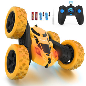 Hamdol Remote Control Car Double Sided 360�Rotating 4Wd Rc Cars With Headlights 2.4Ghz Electric Race Stunt Toy Car Rechargeable Toy Cars For Boys Girls Birthday (Yellow)