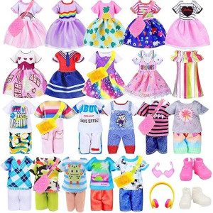 26 Pcs Mini 6 Inch Doll Clothes And Accessories Include 5 Tops, 5 Pants For Boy Dolls, 5 Dresses For Girl Dolls And 2 Shoes, 10 Outfits Hangers Pocket Glasses Headset For 5.3-6 Inch Dolls