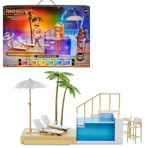 Rainbow High Color Change Pool & Beach Playset : 7-In-1 Light-Up-Multicolor Changing Pool, Adjustable Umbrella, And Pool Accessories. Fits 7 Fashion Dolls, Toy Gift For Kids Ages 6 7 8+ To 12 578475
