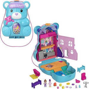 Polly Pocket 2-In-1 Travel Toy, 2 Micro Dolls & 16 Accessories, Teddy Bear Purse Playset With Sleepover Theme
