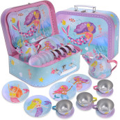 Jewelkeeper Toddler Toys Tea Set For Little Girls - 15 Pcs Tin Tea Set For Kids Tea Time Includes Teapot, 4 Tea Cup And Saucers Set & 4 Snack Plates, Mermaid Tea Party Set With Carrying Case