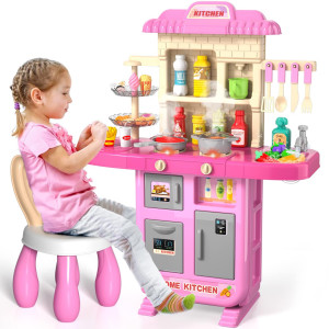 Kids Play Kitchen Playset For Toddlers Girls, Toy Kitchen Sets Pretend Play Food Toy With Chair For Girls Kids Ages 3-8, With Light Sound Spray