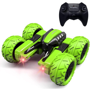 Threeking Rc Stunt Cars Remote Control Car With Lights Double-Sided Driving 360-Degree Flips Rotating Car Toy Gifts Presents For Boys/Girls Ages 6+ Green