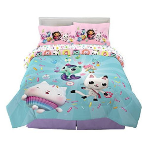 Dreamworks Gabby'S Dollhouse Cakey, Mercat And Pandy Kids Bedding Super Soft Comforter And Sheet Set, 5 Piece Full Size, By Franco.
