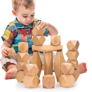Oathx Montessori Toys Stacking Rocks Wooden Blocks Building Preschool Balancing Stones For Toddlers 1-3 Girls Boys Sensory Natural Wood 20Pcs Large Size�