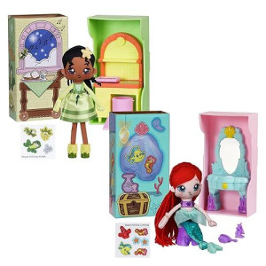 Sweet Seams 6" Soft Rag Doll Bundle Pack - 2Pc Toy | The Little Mermaid Ariel Doll And Vanity Playset, The Princess And The Frog Tiana Doll & Kitchen Playset