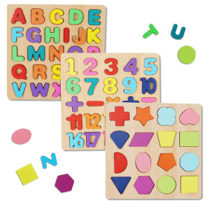 Wooden Puzzles For Toddlers, Wooden Abc Alphabet Number Shape Puzzles Toddler Learning Puzzle Toys For Kids 1-3 Years Old Boys & Girls, 3 In 1 Montessori Early Education Puzzle For Toddlers