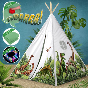 W&O Dinosaur Kids Teepee Tent With Roar Button, Led Lights & Plush Mat - The Most Stable Tent For Kids - Toys For Kids Play Tent - Kids, Toddler Tent Indoor