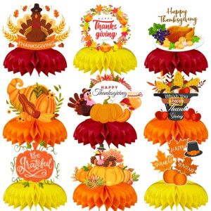 Qici 9 Pack Thanksgiving Honeycomb Centerpiece, Turkey Honeycomb Ornament, Thanksgiving Party Decorations, Fall Festival Party Supplies
