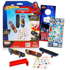 Marvel Spiderman Fingerboard Toy Set ~ 3 Pc Bundle With Marvel Spiderman Finger Skateboard For Kids, Spiderman Stickers, And Door Hanger (Superhero Party Favors)