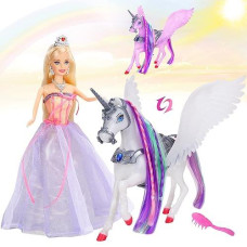 Megafun Color Change Unicorn Toys & Princess Doll With Rainbow Braided Hair, Removable Saddle&Wings, Princess Toy Unicorn Gifts For Girls