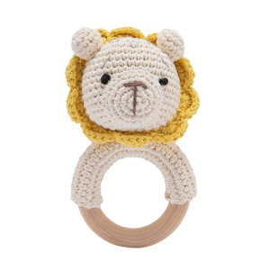 Youuys Wooden Rattle For Baby Brain Development, Crochet Lion Wood Baby Rattle, Cute Woodland Animal First Rattle Toy For Newborn