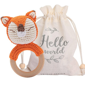 Youuys Wooden Baby Rattle For Newborn, Crochet Fox Rattle Toy Natural Wood, Music Shaker Rattle For Hand Grips, Boy Girl First Rattle Gift