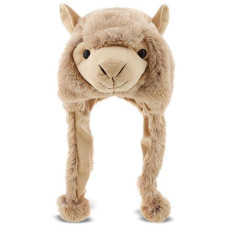 Dollibu Brown Llama Plush Hat - Super Soft Warm Hat With Ear Flaps, Funny Plush Party Crazy Hat, Stuffed Animal Halloween Costume Funny Toy Hat, Cozy Fleece Winter Hat For Kids & Teens - One Size