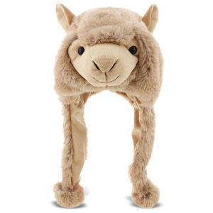 Dollibu Brown Llama Plush Hat - Super Soft Warm Hat With Ear Flaps, Funny Plush Party Crazy Hat, Stuffed Animal Halloween Costume Funny Toy Hat, Cozy Fleece Winter Hat For Kids & Teens - One Size