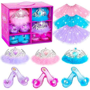Bibuty Princess Dress Up Shoes Princess Dresses For Girls, Dress Up Clothes Pretend Play Costumes-3 Sets Of Princess Shoes, Dresses And Crowns, Princess Accessory Toys For 3-6 Yr Girl Birthday Gifts