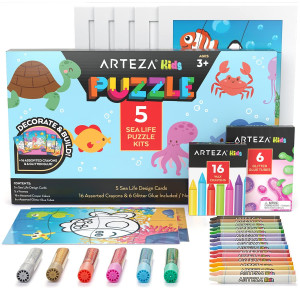 Arteza Kids Coloring Puzzle Kit, 5 Sea Life Puzzles, 16 Crayons, 6 Tubes Of Glitter Glue, 5 Frames, Diy And Screen-Free Kids? Activities, Craft And Art Supplies For Ages 3 And Up