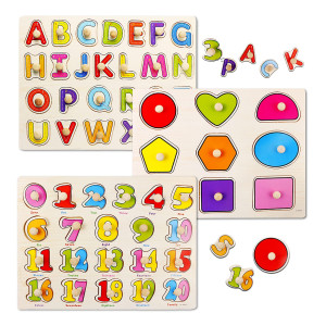 Wooden Puzzles For Toddlers, Wooden Peg Abc Alphabet Number Shape Puzzles Toddler Toys For Kids 2-4 Years Old Boys & Girls, 3 In 1 Montessori Early Education Puzzle For Toddlers