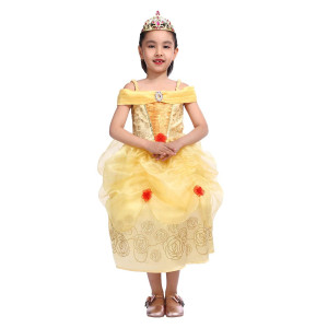 Spunicos Girls Golden Belle Princess Fancy Dress With Tiara,Unique Belle Costume Dress 7-8Years