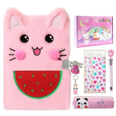 Sicbanna Cat Diary With Lock And Keys For Girls, Kids Journal School Travel Notebook Gift Set For Writing And Drawing, Secret Diary With Pencil Case Multicolored Pen Stickers Keychain