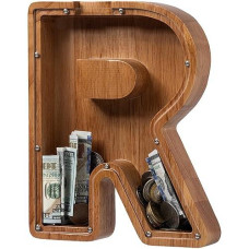 Ladenk Large Wooden Kids Letter Piggy Bank - Piggy Bank For Boys Girls - Alphabet Money Bank With Initial R - Coin Bank For Birthday