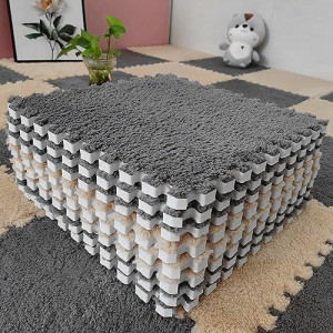 12-Piece Thickened Plush Foam Interlocking Floor Mat 0.6 Thick- Fluffy Square Interlocking Foam Tiles With 12 Edgings Soft Anti-Slip Puzzle Area Rug Playmat For Room Floor (11.8, Gray & Light Brown)