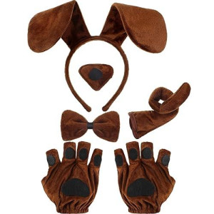 5 Pieces Puppy Dog Costume Set Included Dog Ears Headband Bowtie Fake Nose Tail Puppy Paw Gloves Animal Costume Accessories For Halloween Cosplay Party (Brown)