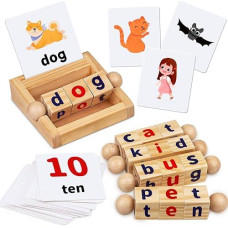 Montessori Toys For Toddlers 2 3 4 Years Old Wooden Reading Blocks Flash Cards Short Vowel Turning Rotating Matching Letters Toy For Kids Educational Alphabet Learning Toys For Preschool Boys Girls