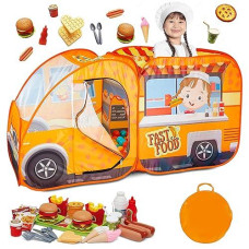 Kiddzery Food Truck Play Tent - 54 Pc. Food Set Pop Up Playhouse - Pretend Play Toys For Toddlers - Ball Pit Playset - Indoor & Outdoor Toy Tents For Kids - Trucks For Boys & Girls