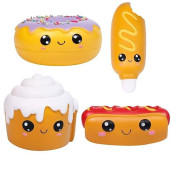Anboor 4 Pcs Squishies Hot Dog Cake Bread Donut Kawaii Scented Soft Slow Rising Squeeze Stress Relief Kids Toy Xmas Gift Stocking Stuffers Ideas