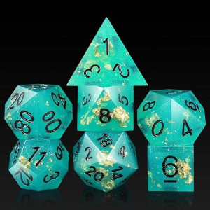 D&D Dice Set,Dndnd Handmade Sharp Edge 7 Piece Dnd Dice With Gift Case For Dungeons And Dragon Game (Blue With Black Number)