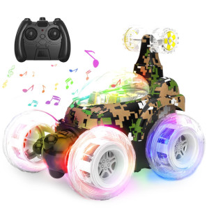 Kizeefun Remote Control Car, Rc Stunt Car Invincible 360Rolling Twister With Colorful Lights & Music Switch, Rechargeable Remote Control Car For Boys And Girls