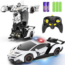 Fdj Remote Control Car - Transform , One Button Deformation To Robot With Flashing Light, 2.4Ghz 1:18 Scale Transforming Police Boys Kids Toys Gift With 360 Degree Rotating Drifting