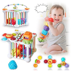 Baby Shape Sorting Toys, 9 Pcs Baby Sensory Bin Set With 3 Pcs Suction Cup Spinner Toy, Colorful Shape Sorter Box, Shape Sorter Train, Early Learning Toys Gifts For 18 Months And Up