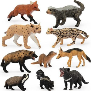 Toymany 10Pcs Forest Animal Figures, Wildlife Carnivore Animal Figurines Includes Lynx, Ocelot, African Hyena, Badger, Red Fox, Otter Education Toy Birthday For Kids Children Toddlers