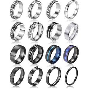 Faxhion Stainless Steel Fidget Rings For Men Women, 16 Pcs Men Rings Set, Fidget Rings For Anxiety, Cool Sliver Black Spinner Men'S Band Ring Pack, Jewelry