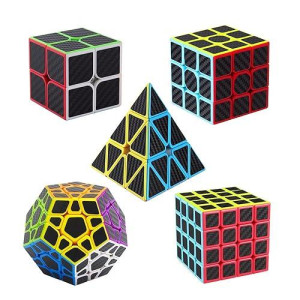 Roxenda Speed Cube Set, [5 Pack] Magic Cube Bundle Of 2X2 3X3 4X4 Megaminx Cube And Pyramid Cube Smoothly Carbon Fiber Sticker Speed Cubes Collection For Kids Teens & Adults