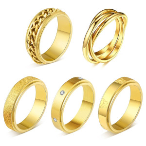 Moroya 5Pcs 18K Gold Plated Fidget Rings For Anxiety Stainless Steel Butterfly Chain Cz Inlaid Spinner Rings For Women Men Anti Anxiety Ring Band Set