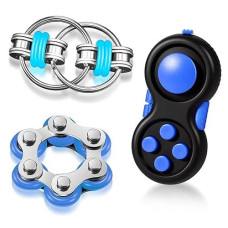 3 Pieces Handheld Mini Sensory Fidget Toy Set Includes Six Roller Chain And Key Flippy Chain Bike Chain Fidget Handheld Fidget Pad Stress Relief Toys For Adults Teens Relieve Stress(Black And Blue)