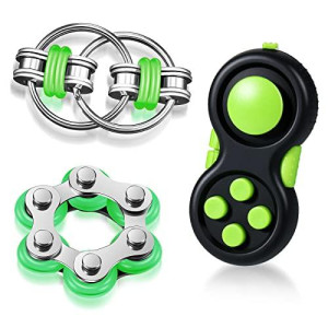 3 Pieces Handheld Mini Fidget Toy Set Includes Six Roller Chain And Key Flippy Chain Bike Chain Fidget Handheld Fidget Pad Stress Relief Toys Set For Adults Teens Relieve Stress (Black And Green)
