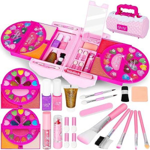 Kids Makeup Kit For Girls, 60 Pcs Little Girls Princess Toys Real Washable Pretend Play Cosmetic Beauty Makeup Set, Non-Toxic & Safe, Birthday Gifts Toys For 3 4 5 6 7 8 9 10 Year Old Girls Toddlers