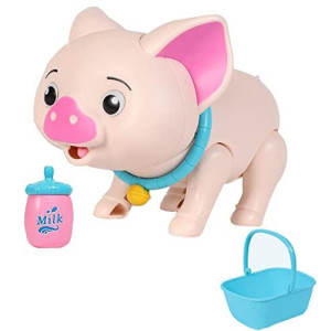 Zhiqigou Electronic Pet Pig Toys, Piggly Toys, Interactive Pig Toys That Can Walk, Dance, Make Sounds, And Feed, With Glowing Eyes. Including Small Basket, Milk Bottle, Battery. For Kids Ages 4+