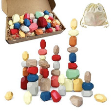 Celarlo 42 Pieces Wooden Sorting Stacking Balancing Stone Rocks Games, Wood Building Blocks Set, Educational Preschool Learning Toys, Lightweight Puzzle Set Gift For Kids