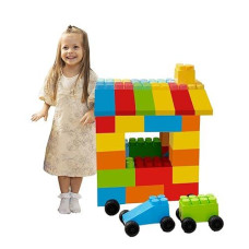 Massbricks Jumbo Plastic Building Blocks - 48 Pieces Giant Toddler Bricks Kids, Boys, Girls Age 1-8 Play Large Educational, Construction, Stacking Toys Bpa Free (48 Pcs Blocks With Wheels)