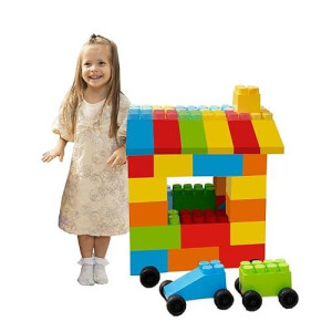 Massbricks Jumbo Plastic Building Blocks - 48 Pieces Giant Toddler Bricks Kids, Boys, Girls Age 1-8 Play Large Educational, Construction, Stacking Toys Bpa Free (48 Pcs Blocks With Wheels)