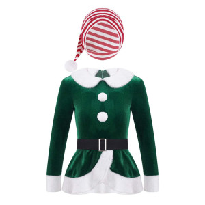 Yartina Kids Girls Christmas Mrs Santa Claus Costume Faux Fur Velvet Dress Dancewear Figure Ice Skating Outfits Green-Hat 6