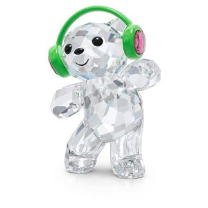 Swarovski Kris Bear Just Dance Figurine, Pink And Clear Crystals With Green Metal Accents, Part Of The Kris Bear Collection